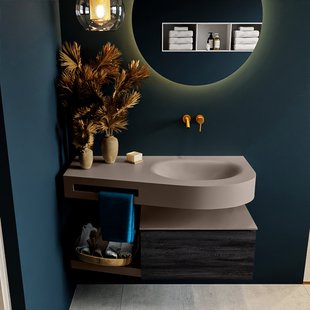 MONDIAZ RIVA 100cm badmeubel onderkast / planchet kleur Antracite met 1 lade. Wastafel DULCET rechts 0 kraangaten kleur Smoke.