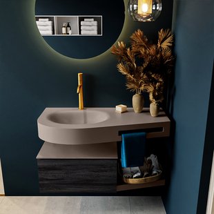 MONDIAZ RIVA 100cm badmeubel onderkast / planchet kleur Antracite met 1 lade. Wastafel DULCET links 1 kraangat kleur Smoke.