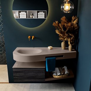 MONDIAZ RIVA 120cm badmeubel onderkast / planchet kleur Antracite met 1 lade. Wastafel DULCET links 0 kraangaten kleur Smoke.