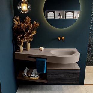 MONDIAZ RIVA 120cm badmeubel onderkast / planchet kleur Antracite met 1 lade. Wastafel DULCET rechts 0 kraangaten kleur Smoke.