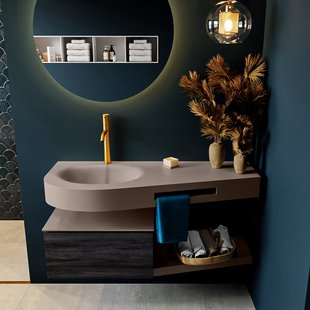 MONDIAZ RIVA 120cm badmeubel onderkast / planchet kleur Antracite met 1 lade. Wastafel DULCET links 1 kraangat kleur Smoke.