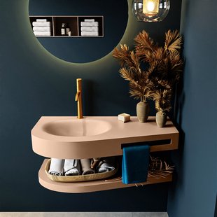 MONDIAZ RIVA 100cm Wastafel met planchet kleur Rosee. Wastafel DULCET links 1 kraangaten kleur Rosee.