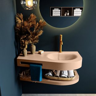 MONDIAZ RIVA 100cm Wastafel met planchet kleur Rosee. Wastafel DULCET rechts 1 kraangaten kleur Rosee.