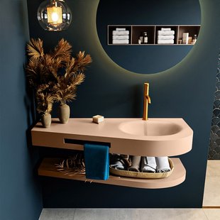 MONDIAZ RIVA 120cm Wastafel met planchet kleur Rosee. Wastafel DULCET rechts 1 kraangaten kleur Rosee.