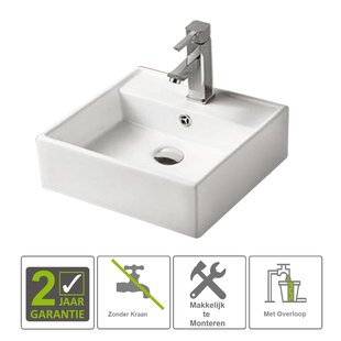 BWS Freya Wastafel Keramiek 38,5x38,5x13cm Vierkant Wit (met kraangat)