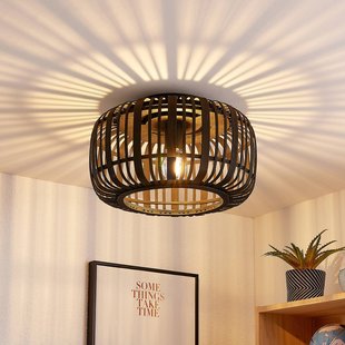 Lindby Canyana plafondlamp, zwart, rotan, Ø 40 cm