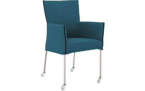 Goossens Eetkamerstoel Funk RVS Poten blauw stof met armleuning en met wielenTransparant skater wiel met rvs kap, modern design Goossens Eetkamerstoel Funk RVS Poten blauw stof met armleuning en met wielenTransparant skater wiel met rvs kap, modern design