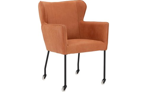 Goossens Excellent Eetkamerstoel Leogang bruin leer met armleuning en met wielen, elegant chic