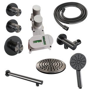Regendoucheset Inbouw Brauer Gunmetal Edition Thermostatisch 20cm met Wandarm en Handdouche 3-Standen Losse Stopkranen Geborsteld Gunmetal