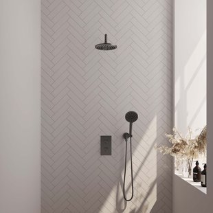 Regendoucheset Inbouw Brauer Gunmetal Carving Thermostatisch 20cm met 3-Weg Omstelling, Gebogen Wandarm en 3-Standen Handdouche Geborsteld Gunmetal