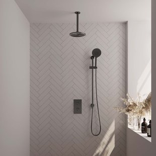 Regendoucheset Inbouw Brauer Gunmetal Carving Thermostatisch 20cm met 3-Weg Omstelling, Plafondarm, Glijstang en Handdouche 3-Standen Geborsteld Gunmetal