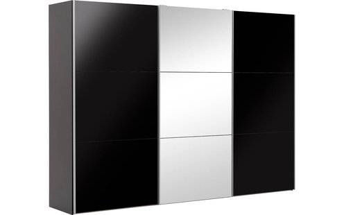 Goossens Kledingkast Easy Storage Sdk, 303 cm breed, 220 cm hoog, 2x 3 paneel glas schuifdeuren en 1x 3 paneel spiegel schuifdeur midden