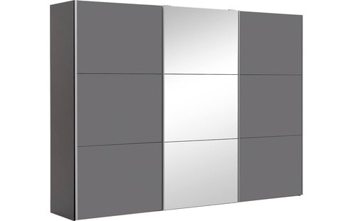 Goossens Kledingkast Easy Storage Sdk, 303 cm breed, 220 cm hoog, 2x 3 paneel glas schuifdeuren en 1x 3 paneel spiegel schuifdeur midden