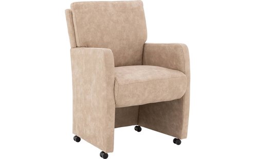 Goossens Eetkamerstoel Leen beige microvezel met armleuning en met wielen, stijlvol landelijk