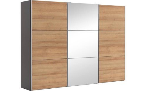 Goossens Kledingkast Easy Storage Sdk, 303 cm breed, 220 cm hoog, 2x 3 paneel schuifdeuren en 1x 3 paneel spiegel schuifdeur midden