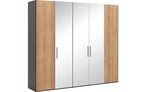 Goossens Kledingkast Easy Storage Ddk, Kledingkast 253 cm breed, 220 cm hoog, 2x draaideur en 3x spiegel draaideur midden