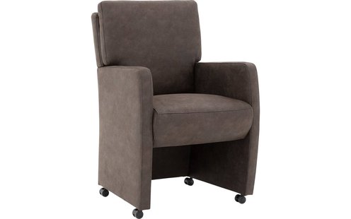 Goossens Eetkamerstoel Leen donkerbruin micro leer met armleuning en met wielen, stijlvol landelijk