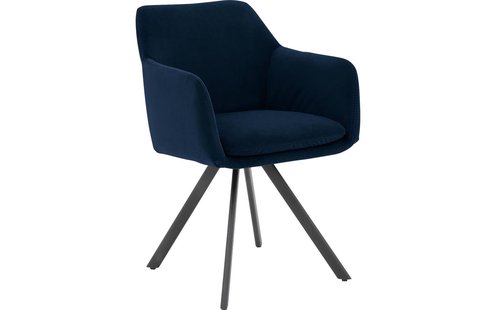 Goossens Excellent Eetkamerstoel Binn blauw stof graden draaibaar met return functie met armleuning, stijlvol landelijk