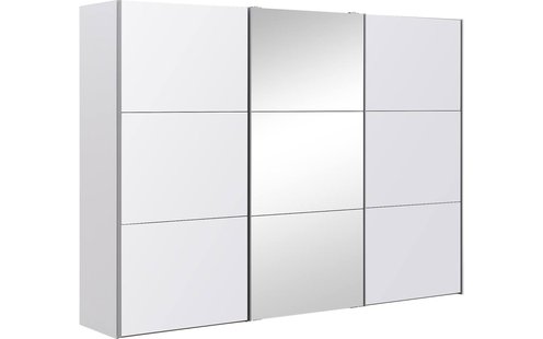 Goossens Kledingkast Easy Storage Sdk, 303 cm breed, 220 cm hoog, 2x 3 paneel glas schuifdeuren en 1x 3 paneel spiegel schuifdeur midden