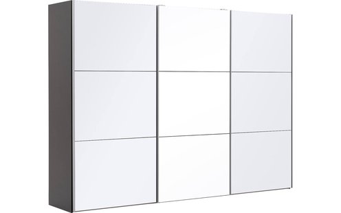 Goossens Kledingkast Easy Storage Sdk, 303 cm breed, 220 cm hoog, 2x 3 paneel glas schuifdeuren en 1x 3 paneel spiegel schuifdeur midden