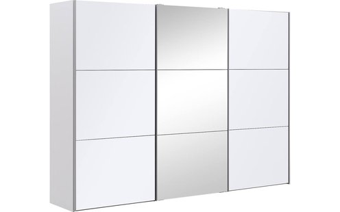 Goossens Kledingkast Easy Storage Sdk, 303 cm breed, 220 cm hoog, 2x 3 paneel glas schuifdeuren en 1x 3 paneel spiegel schuifdeur midden