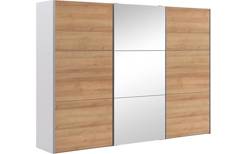 Goossens Kledingkast Easy Storage Sdk, 303 cm breed, 220 cm hoog, 2x 3 paneel schuifdeuren en 1x 3 paneel spiegel schuifdeur midden