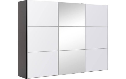 Goossens Kledingkast Easy Storage Sdk, 303 cm breed, 220 cm hoog, 2x 3 paneel glas schuifdeuren en 1x 3 paneel spiegel schuifdeur midden