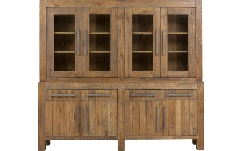 Goossens Buffetkast Roots, 4 glasdeuren 4 dichte deuren 4 laden, donkergrijs eiken, 230 x 210 x 45 cm, stijlvol landelijk