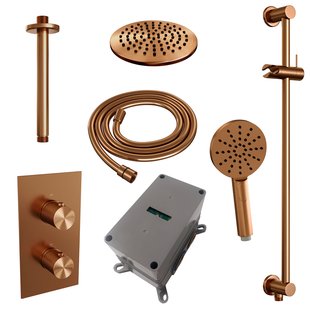 Regendoucheset Inbouw Brauer Copper Carving Thermostatisch 20cm met 3-Weg Omstelling, Plafondarm, Glijstang en Handdouche 3-Standen Geborsteld Koper