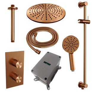 Regendoucheset Inbouw Brauer Copper Carving Thermostatisch 30cm met 3-Weg Omstelling, Plafondarm, Glijstang en Handdouche 3-Standen Geborsteld Koper