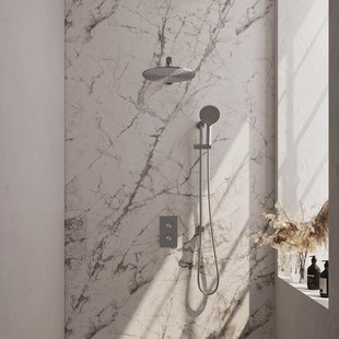 Regendoucheset Inbouw Brauer Brushed Carving Thermostatisch 30cm met 3-Weg Omstelling, Wandarm, Glijstang en 3-Standen Handdouche Geborsteld RVS