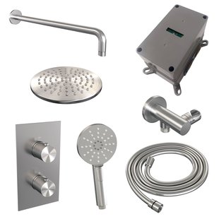 Regendoucheset Inbouw Brauer Brushed Carving Thermostatisch 20cm met 3-Weg Omstelling, Gebogen Wandarm en 3-Standen Handdouche Geborsteld RVS