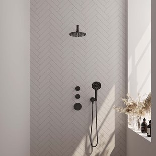 Regendoucheset Inbouw Brauer Black Carving Thermostatisch 20cm met Gebogen Wandarm en Handdouche 3-Standen Losse Stopkranen Mat Zwart