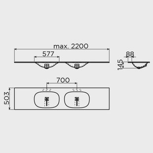Wastafelblad Clou Hammock Dubbele Waskom Rechts 180cm Mat Wit