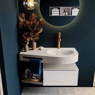 MONDIAZ RIVA 100cm badmeubel onderkast / planchet kleur Talc met 1 lade. Wastafel DULCET rechts 1 kraangat kleur Linen.