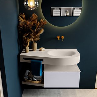 MONDIAZ RIVA 100cm badmeubel onderkast / planchet kleur Cale met 1 lade. Wastafel DULCET rechts 0 kraangaten kleur Linen.