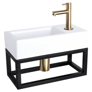 Fonteinset Differnz Ravo Keramiek Met Handoekrek 38.5x18.5x9 cm Wit Met Rechte Kraan Mat Goud