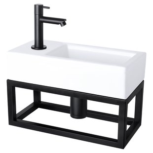 Fonteinset Differnz Helios Met Handoekrek 37.5x18.5x9.5 cm Marmer Wit Met Rechte Kraan Links Mat Zwart