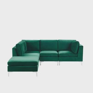 Beliani-EVJA-Hoekbank met ottomaan-Groen-Rechts-235 cm-Fluweel Beliani-EVJA-Hoekbank met ottomaan-Groen-Rechts-235 cm-Fluweel