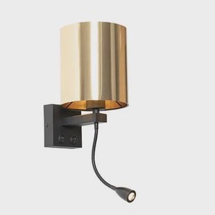 QAZQA Wandlamp zwart met flexarm en kap goud 15 cm - Brescia