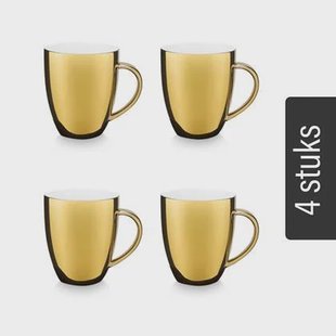 vtwonen Mokken met oor - Set van 4 - Goud - Porselein - 250ml