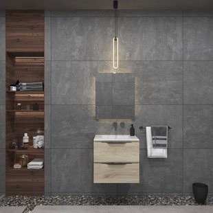 Badkamermeubelset Gliss Design Hera Mat Zwart 80cm 2 Laden Licht Grijs Eiken (Keuze Wastafel)