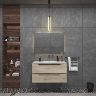 Badkamermeubelset Gliss Design Hera Mat Zwart 100cm 2 Laden Licht Grijs Eiken (Keuze Wastafel)