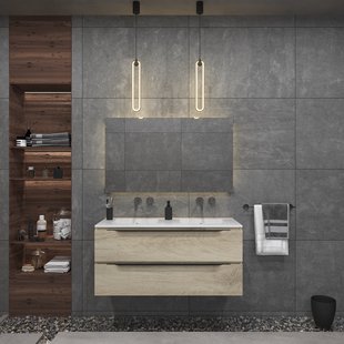 Badkamermeubelset Gliss Design Hera Mat Zwart 120cm 2 Laden Licht Grijs Eiken (Keuze Wastafel)