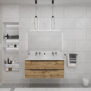 Badkamermeubelset Gliss Design Hera Mat Zwart 120cm 2 Laden Natuur Eiken (Keuze Wastafel)