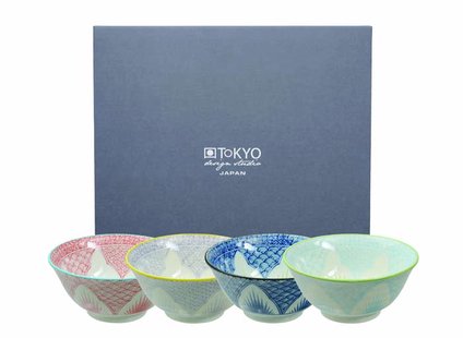 Kommenset Blauw/Wit - Mixed Bowls - Tokyo Design Studio - 4-delig - 500ml - 15 x 6,8cm