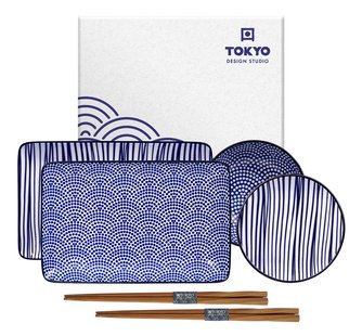 Sushi bordenset met eetstokjes - Tokyo Design Studio - Nippon Blue - 21x13.5cm & 9.5x3cm - 4-delig