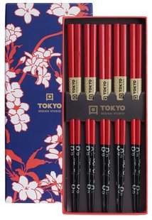 Chopsticks Set Rood Zwart Bloem - Tokyo Design Studio - 5 paar