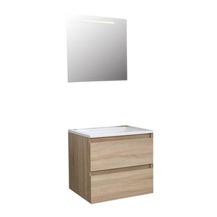 Badkamermeubel BWS Pepper Acryl Wastafel Met Kraangat Inclusief Spiegel Met LED Verlichting 60x55x46 cm Eiken