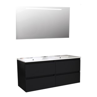 Badkamermeubel BWS Pepper Wastafel Porselein Twee Kraangaten Incl Spiegel Met LED Verlichting 120x55x46 cm Mat Zwart